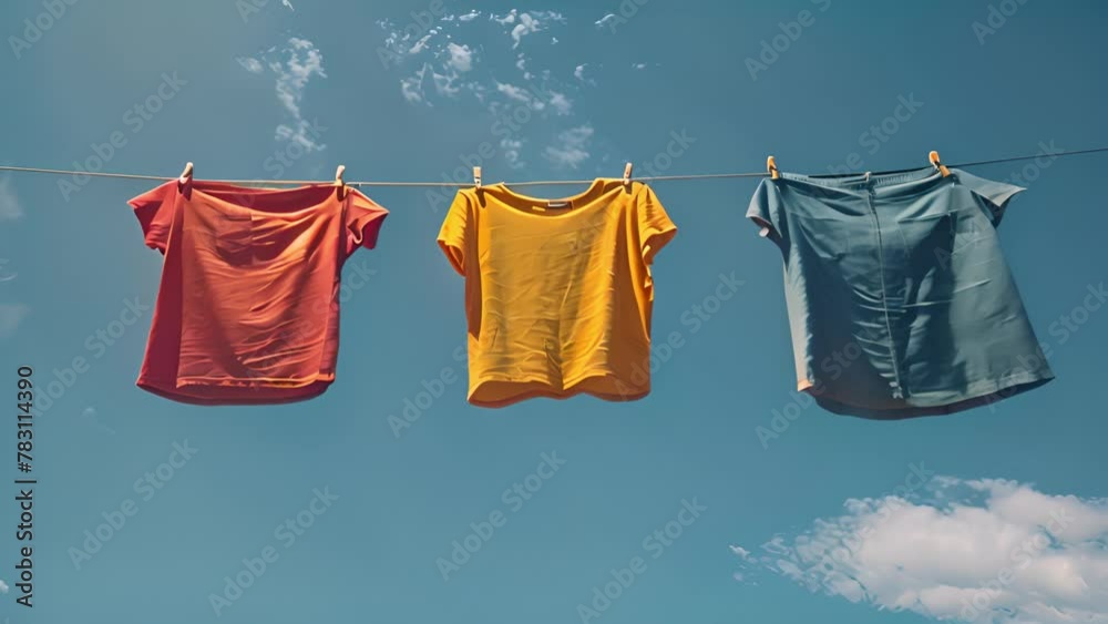 Colorful clothes hanging to dry on a laundry line clouds moving in the wind and sun shining in the blue sky. clothes drying in the wind. 4k video