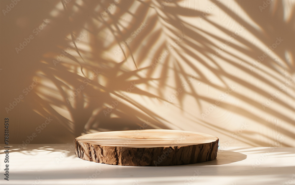 Minimalist wooden stump podium with palm leaf shadow and beige background for product display.