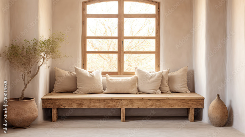 Wooden bench near stucco empty wall with copy space. Boho interior design of classic living room with window in farmhouse. Generative AI Wooden bench near stucco empty wall with copy space. Boho interior design of classic living room with window in farmhouse. Generative AI