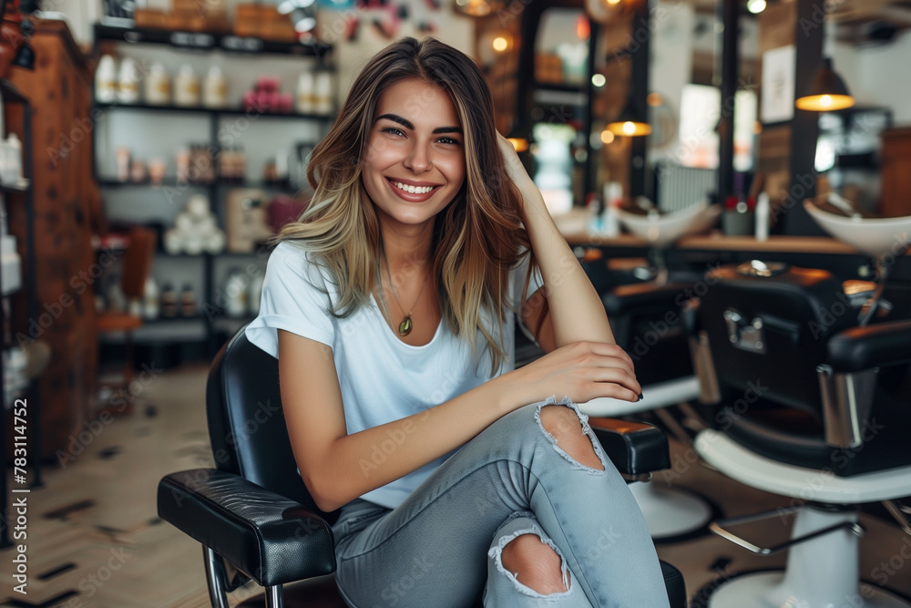 Happy business owner fashionable woman sitting in her beauty salon. SME, entrepreneur concept Happy business owner fashionable woman sitting in her beauty salon. SME, entrepreneur concept