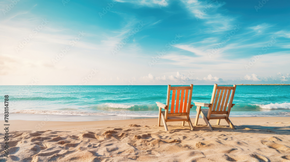 Two beach chairs on sea shore near water under blue clear sky. Stunning seascape background, summer vacation concept. Generative AI Two beach chairs on sea shore near water under blue clear sky. Stunning seascape background, summer vacation concept. Generative AI