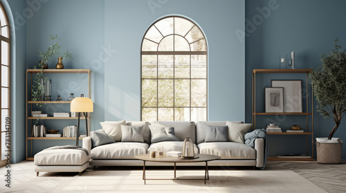 Beige sofa in room with blue wall, arched window and high ceiling. Interior design of modern living room. Generative AI