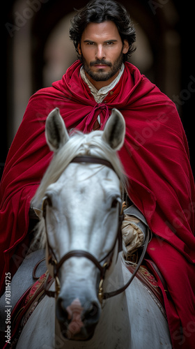 A handsome regal prince with red cloak on horse