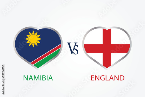 Namibia Vs England, Cricket Match concept with creative illustration of participant countries flag Batsman and Hearts isolated on white background