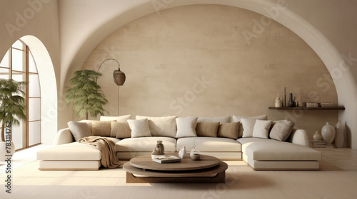 Mediterranean interior design of modern living room with beige sofa and arched wall with stucco and sandstone wall finishes. Generative AI