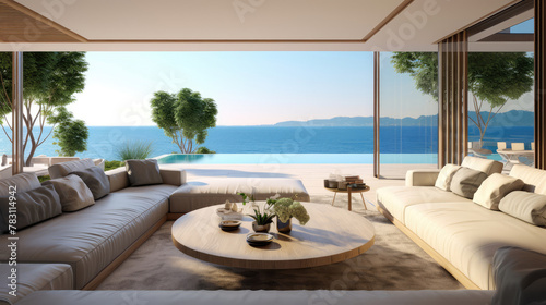 Luxury villa with terrace and floor to ceiling panoramic window with amazing sea view. Interior design of modern living room. Generative AI © Fang