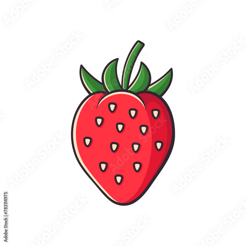 Strawberry vector flat illustration. Stylized red berry with green leaf on white background.