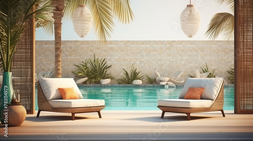 Poolside lounge are with rattan sofa with ornaments pillows. Beautiful hotel spa or wellness concept, recreational vacation resort tranquil area. Generative AI photo