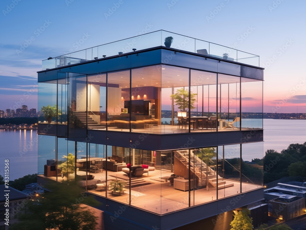 A Dusk View of a Modern Glass House Overlooking the River