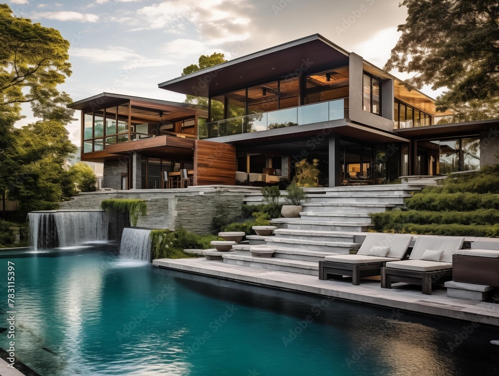 A family enjoys their modern home and pool at dusk