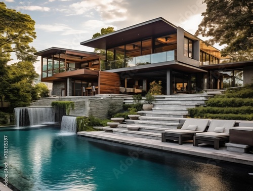 A family enjoys their modern home and pool at dusk