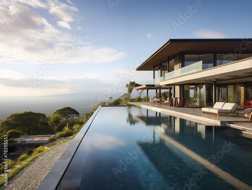 A luxurious hillside home with infinity pool at dusk © P-O-P