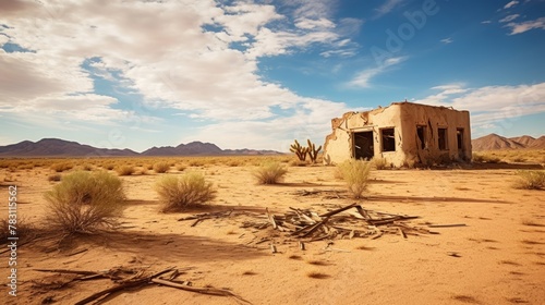 Vacant adobe home in parched landscape photo