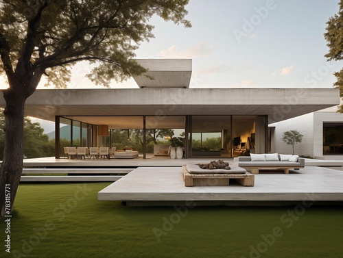 A Modern Home at Dusk Surrounded by Nature © P-O-P