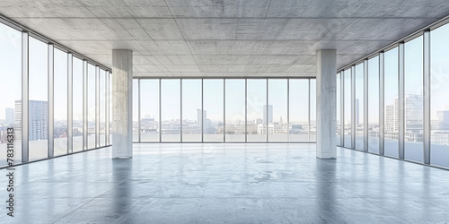 A large, empty room with a view of the city photo