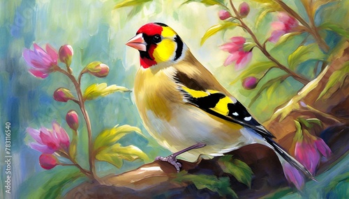goldfinch bird on a tree, oil painting