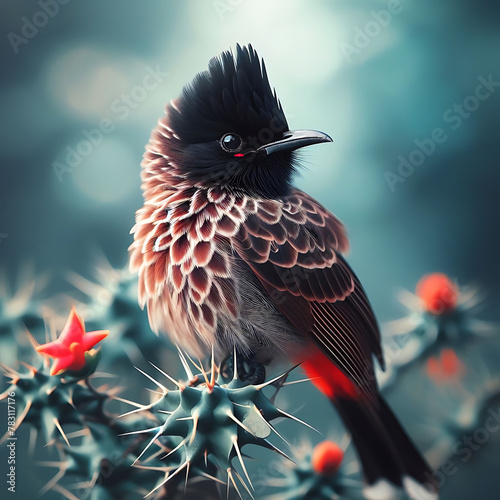 Red tail bulbul sparrow in jungle. A dark, sleek, medium-sized bird with a black crest and a white rump. Red-vented bulbul. red cardinal bird. bulbul. bulbul bird. Pycnonotus cafer.  photo