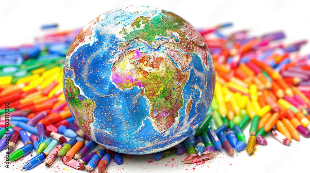 A colorful globe sits on a table with a pile of rainbow colored pencils