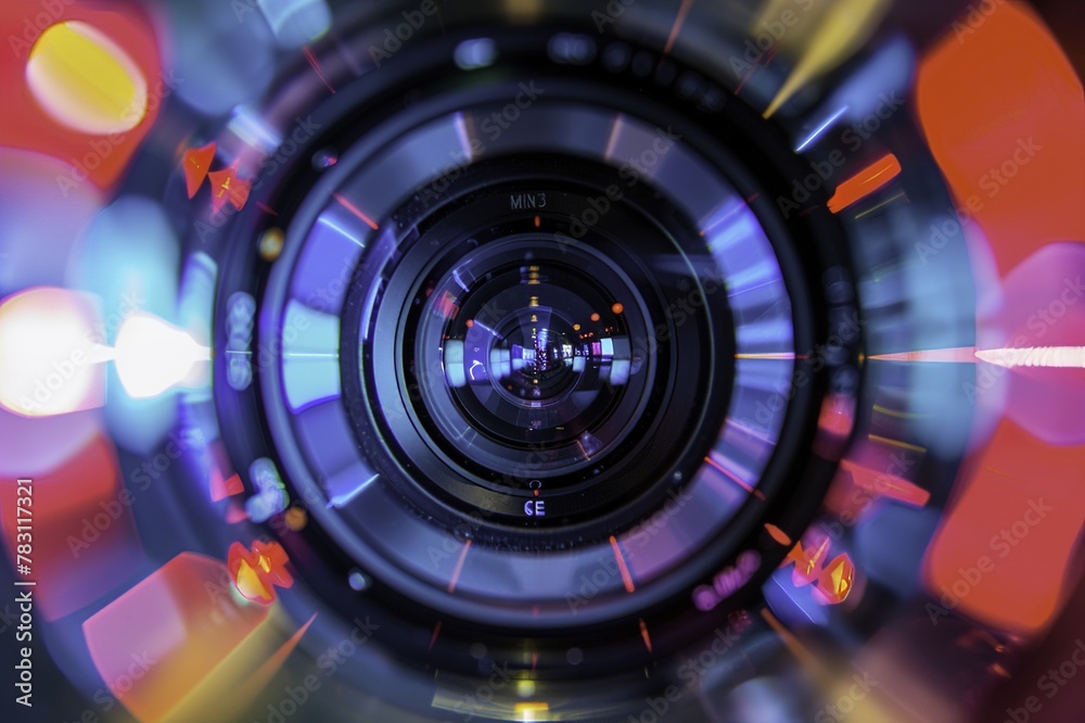 Closeup of Camera Lens: Red and Blue Lights, Intricate Detail and Professional Film Equipment Closeup of Camera Lens: Red and Blue Lights, Intricate Detail and Professional Film Equipment