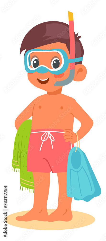 Fototapeta premium Smiling kid in scuba diving mask. Cartoon boy