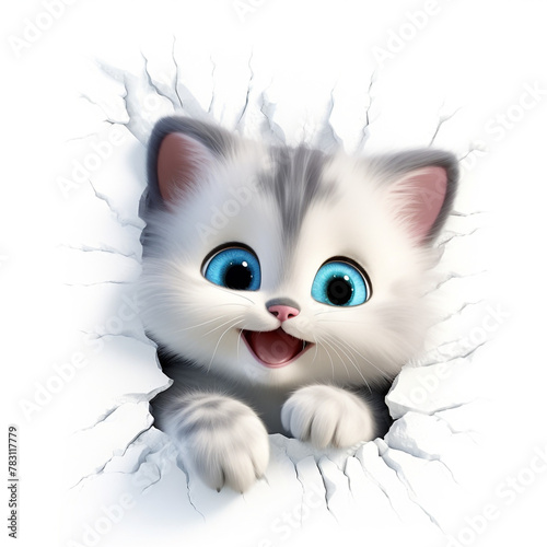 little cute happy kitten, peeking from a frozen snow hole of a wall сreated with Generative Ai photo