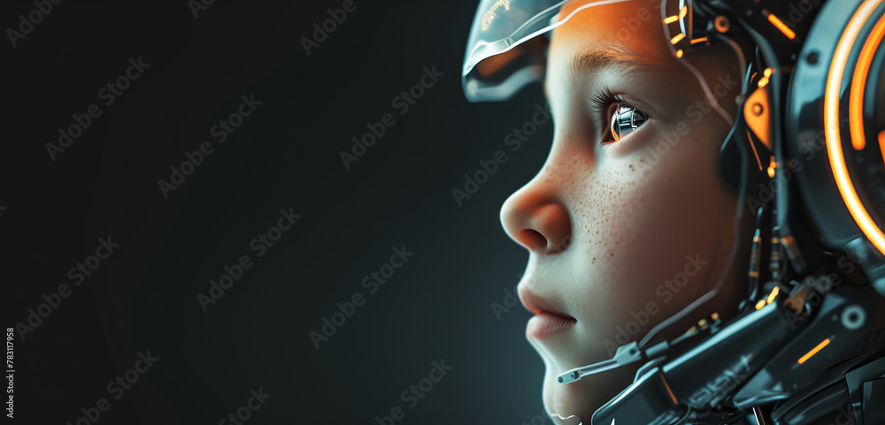 Portrait of a cyborg robot child with technical elements and sensors on his face and head. Concept for the development of a technological new generation of children, banner with copyspace Portrait of a cyborg robot child with technical elements and sensors on his face and head. Concept for the development of a technological new generation of children, banner with copyspace