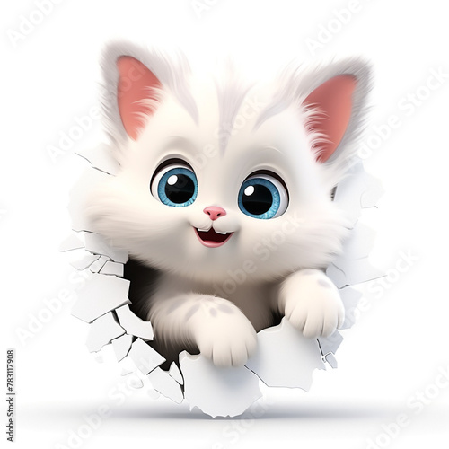 little cute happy kitten, peeking from a frozen snow hole of a wall сreated with Generative Ai