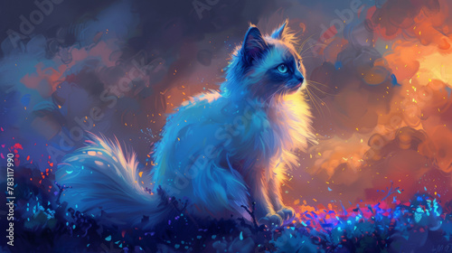 A cat with blue fur is sitting on a field of flowers