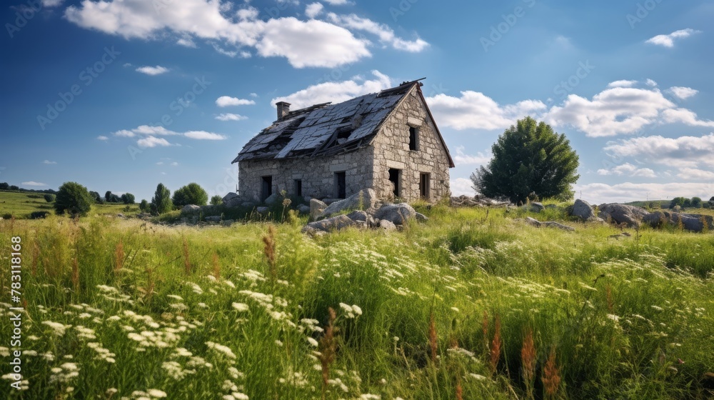 Obraz premium Abandoned stone farmhouse in meadow