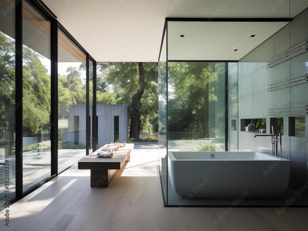 A Serene Morning in a Modern Home's Glass-Walled Bathroom A Serene Morning in a Modern Home's Glass-Walled Bathroom