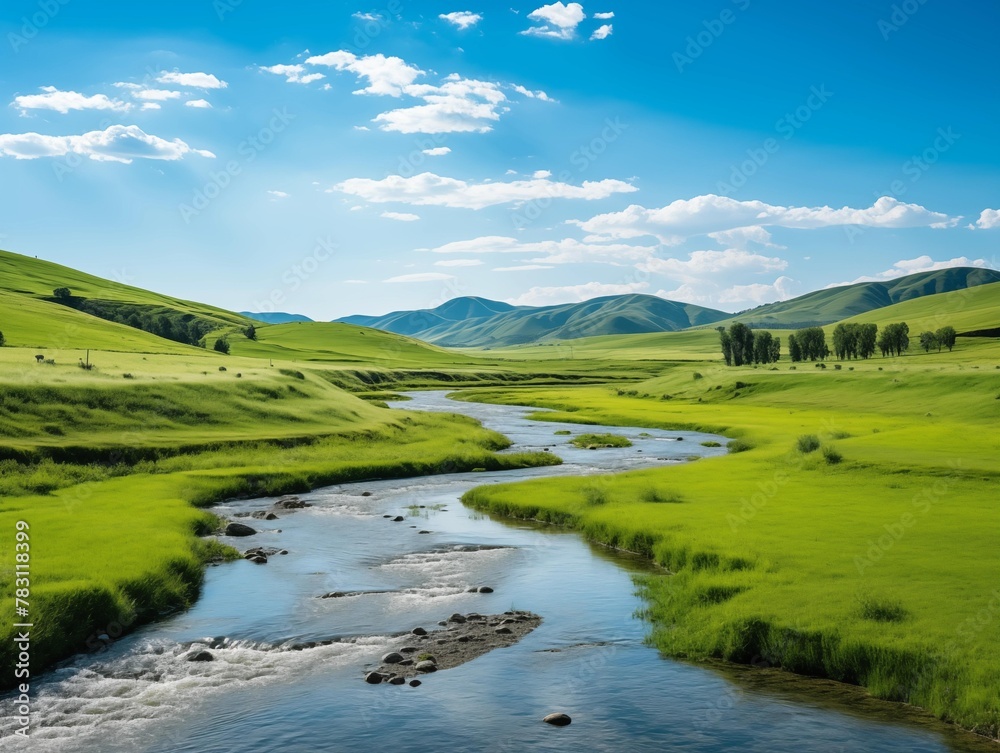 A Serene River Winding Through Lush Hills on a Sunny Day