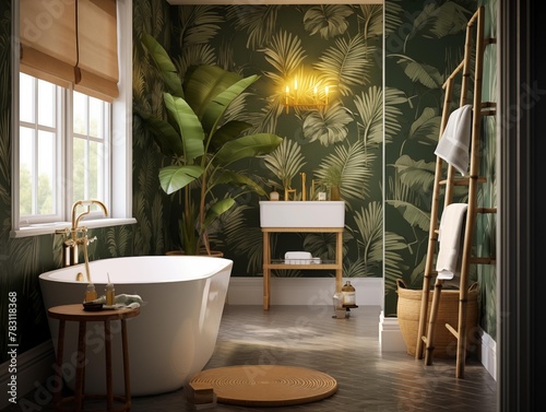 A Serene Morning in a Tropical-Themed Bathroom