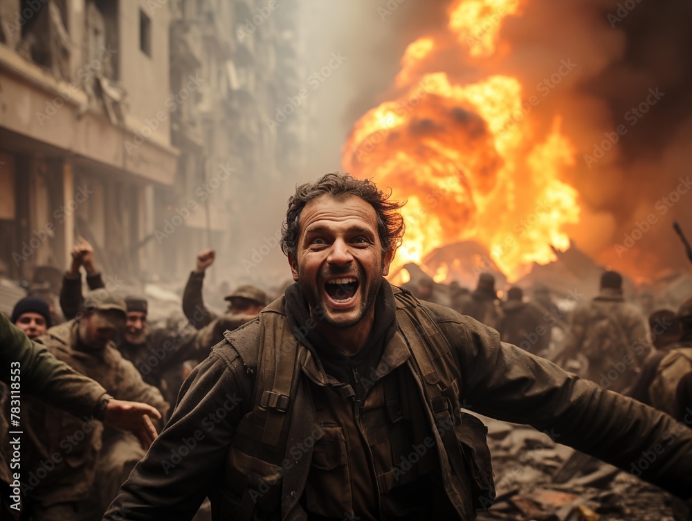 Obraz premium A Soldier Yelling Triumphantly Amidst a Fiery Explosion