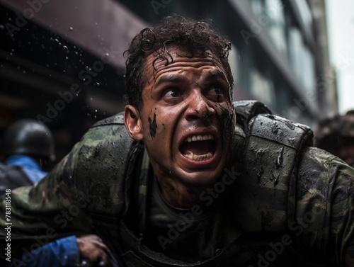 A Soldier Yells During an Intense Training Exercise in the City © P-O-P