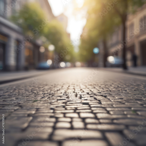 Blurred background of a city street without cars in perspective with bokeh. Layout for design.
