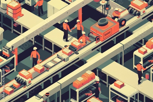 Isometric illustration of workers working on production lines in an industrial factory, flat design, orange and grey colors
