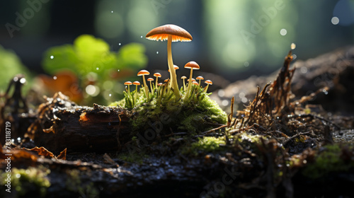 Generative ai illustration of a Young mushroom emerging from old tree stump
