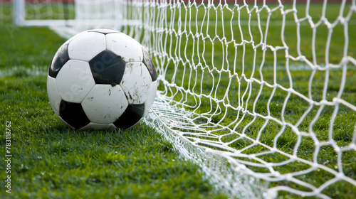 A soccer ball is sitting on the grass next to a soccer goal