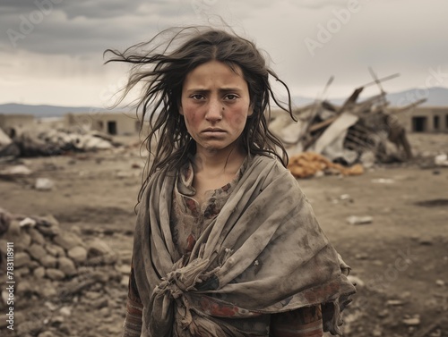 A Young Girl Stands Amidst Ruins, Grieving Her Lost Home