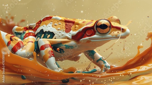 Vibrant frog in dynamic liquid ambiance: an artistic depiction of a colorful frog amidst splashing liquid, in a dynamic and immersive portrait