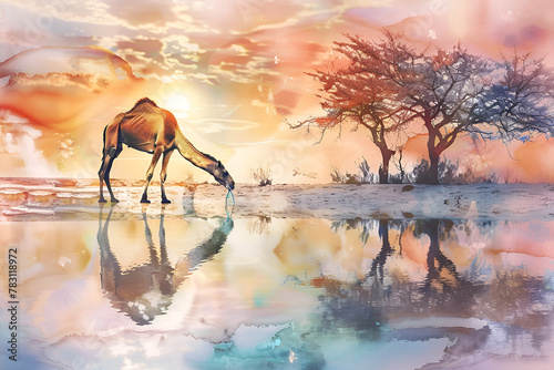 A camel walking in the desert drawn with watercolor for eid ul adha 