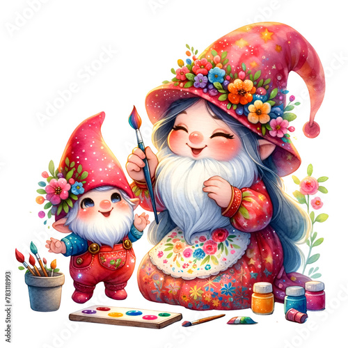 Colorful mother Gnome and child painting together