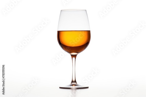 An isolated elegant glass filled with amber-colored wine on a pure white background, highlighting the drink's warm tones. Elegant Glass of Amber Wine on White photo