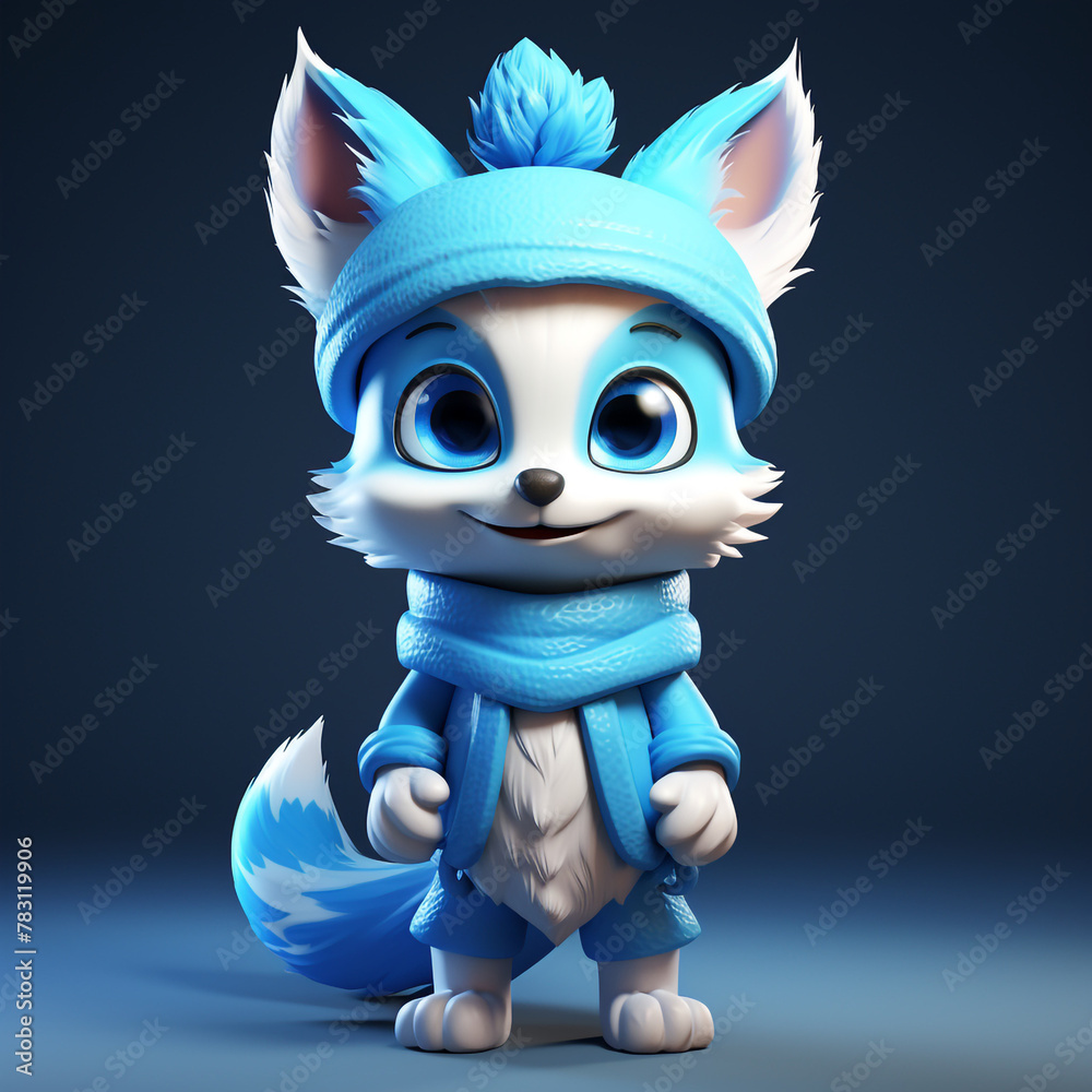 3D cartoon character of a blue fox Christmas mood сreated with Generative Ai