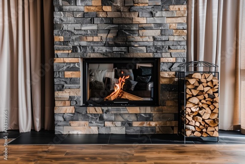 Built-in fireplace with live fire, stonework and firewood for the fireplace photo