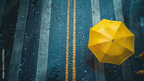A yellow umbrella is on a wet street