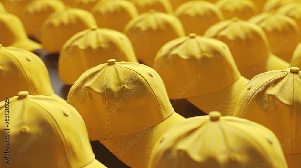 Fototapeta premium Row of stacked yellow baseball caps on white background in a sports store