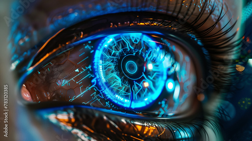 A close up of a person's eye with a blue iris and a reflection of the city lights in the eye