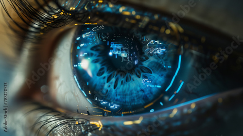 A close up of a person's eye with a blue iris and a reflection of the city lights in the eye