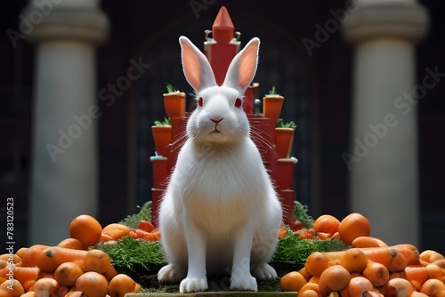 A majestic white rabbit with piercing red eyes sits atop a throne made of carrots, ruling over a kingdom of zoo animals.